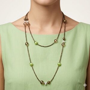 Long Green Beaded Station Necklace | Earth Tone 21” Vintage Style